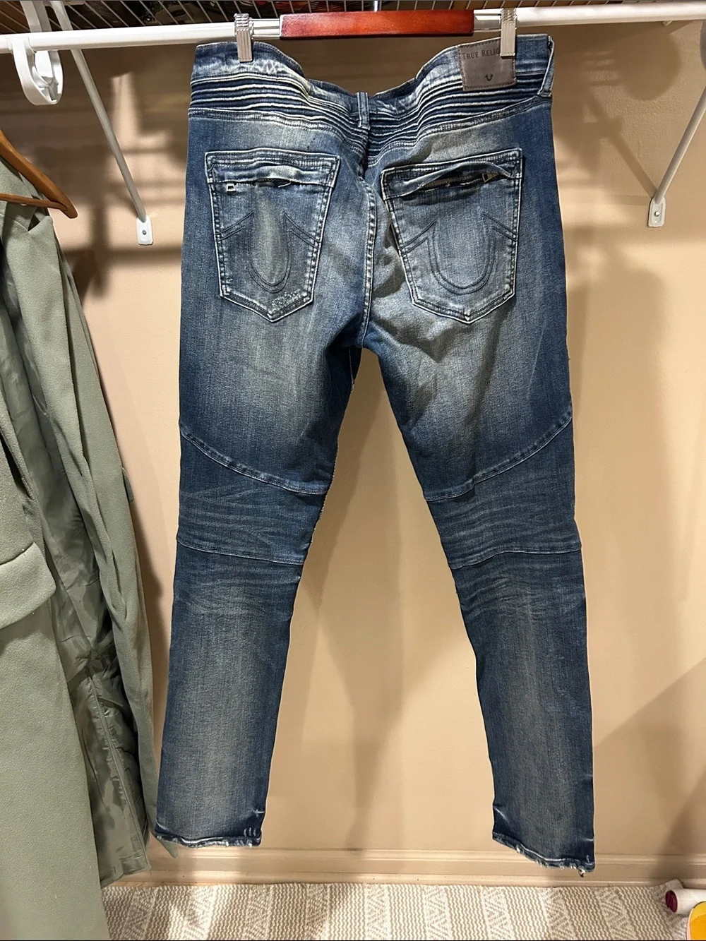 True Relegion Men's Distressed Blue Moto Skinny Jeans